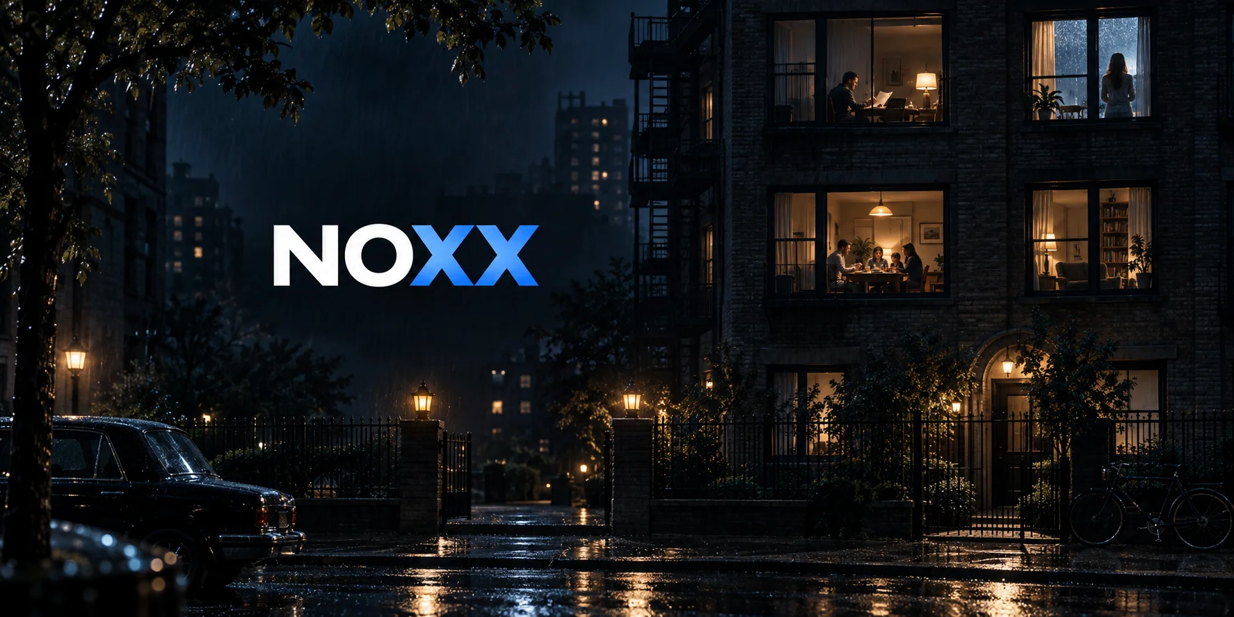 NOXX in white and blue on an original rainy-night television-drama scene